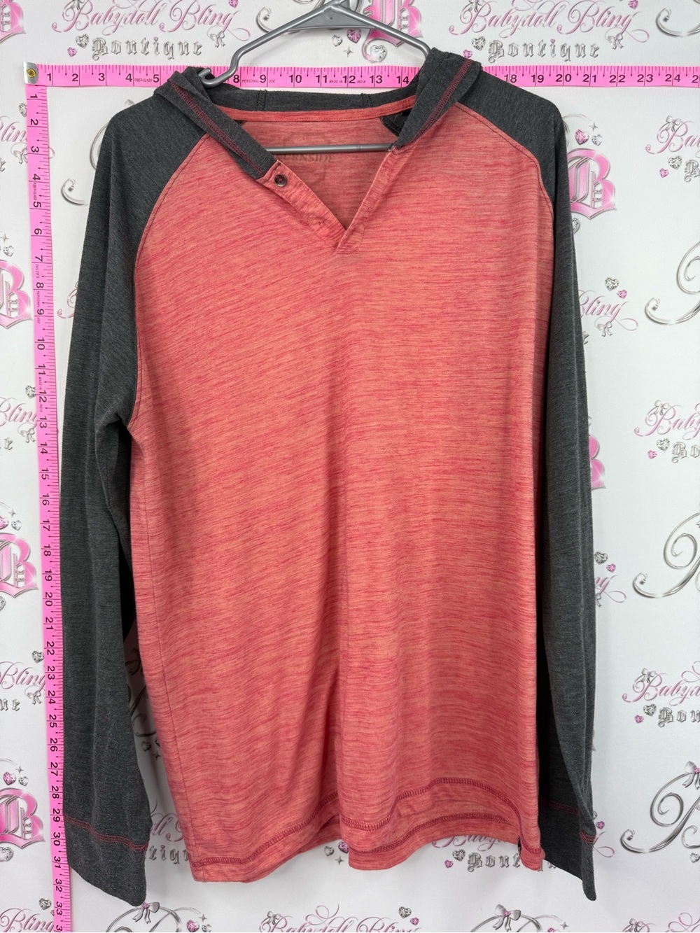 burnside long sleeve red grey Coral Body with Charcoal Trim Hooded Pullover